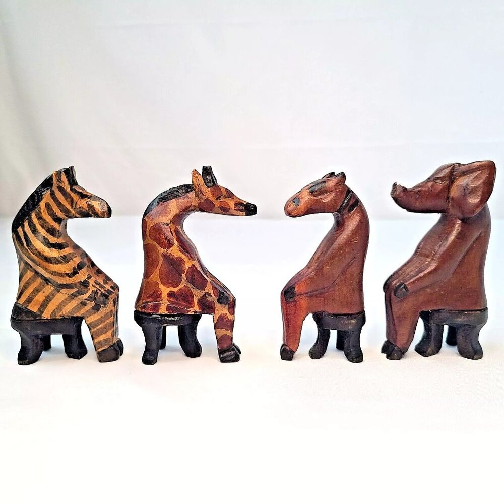 Hand Carved African Safari Animal Figure Lot Tribal Folk Art Elephant Zebra Wood
